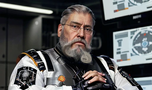 He is looking at his mechanical palm, He observes his own bionic hand, The space general aged 65 has long gray beard and long beard, wears a futuristic uniform, he is fat bearded, long sleeve uniform , wearing leather gloves on your hands, he has his arms crossed seriously, speaking to the viewer, He wears a white general&#39;s hat on his head. He wears a general&#39;s hat.