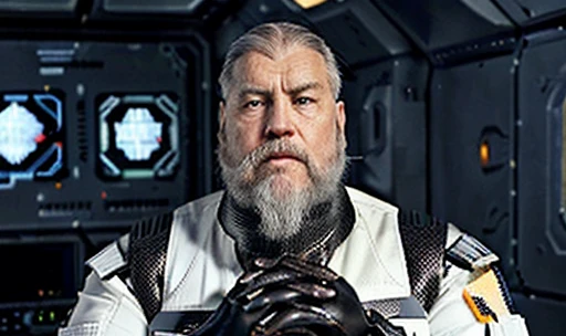 He is looking at his mechanical palm, He observes his own bionic hand, The space general aged 65 has long gray beard and long beard, wears a futuristic uniform, he is fat bearded, long sleeve uniform , wearing leather gloves on your hands, he has his arms crossed seriously, speaking to the viewer, He wears a white general&#39;s hat on his head. He wears a general&#39;s hat.