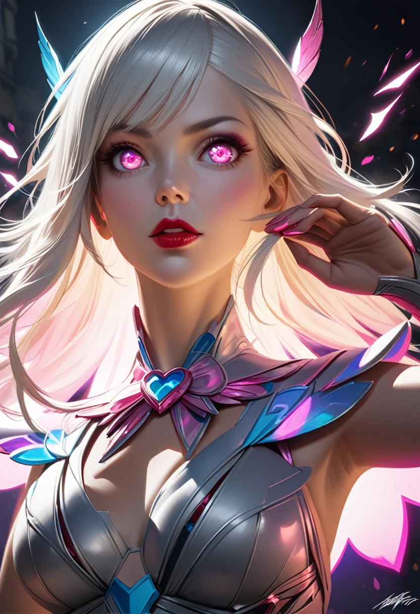 Portrait, mysteriously beautiful model with blond hair and a tight dress, hourglass figure, symmetrical figure, highly detailed face, beautiful face, mesmerizing blue eyes, lush lips, yearning, wanting a kiss, alluring, stunning digital illustration, cosmic fantasy background, beautiful digital artwork, magenta lighting, glossy digital painting, gorgeous digital art, 4k detailed digital art, beautiful digital illustration, 4k highly detailed digital art, beautiful digital art, realistic digital art 4k, realistic digital art 4k, airbrush digital art