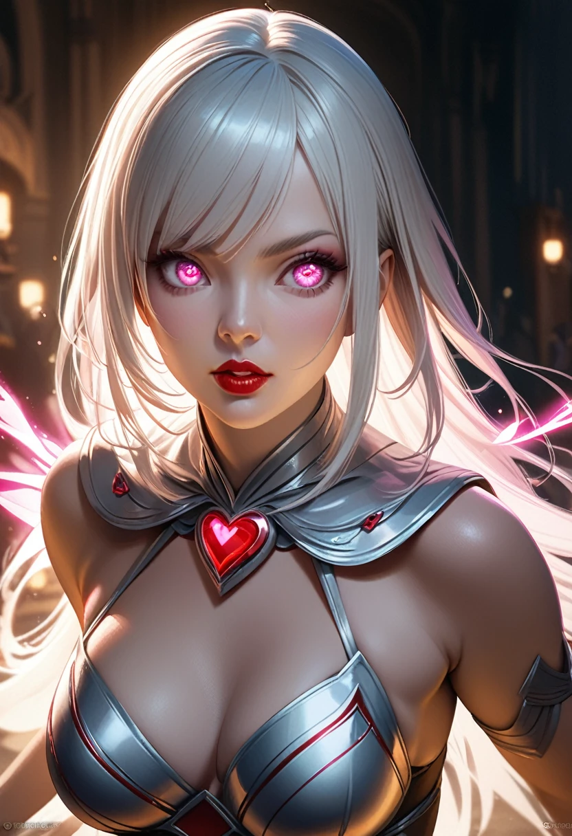 a beautiful white-haired girl with pink eyes,beautiful detailed eyes,beautiful detailed lips,extremely detailed eyes and face,long eyelashes,heroic pose,manipulated love energy,love heroine costume,red lipstick,highly detailed,masterpiece,photorealistic,concept art,digital painting,vibrant colors,cinematic lighting