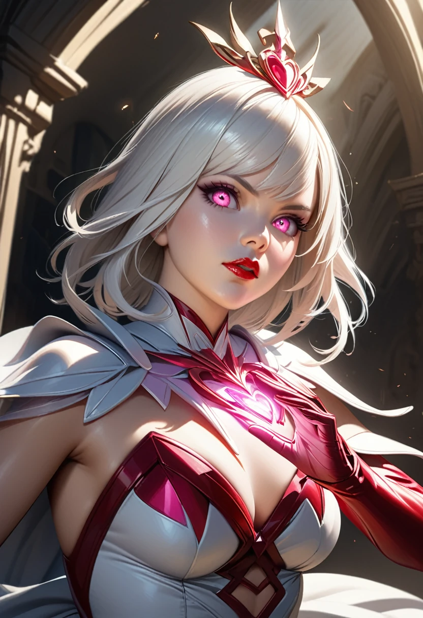 a beautiful white-haired girl with pink eyes,beautiful detailed eyes,beautiful detailed lips,extremely detailed eyes and face,long eyelashes,heroic pose,manipulated love energy,love heroine costume,red lipstick,highly detailed,masterpiece,photorealistic,concept art,digital painting,vibrant colors,cinematic lighting