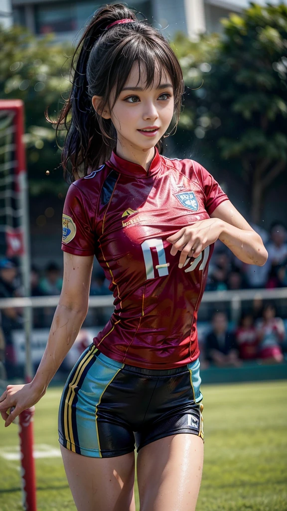 Highest quality, High resolution:1.2, Very detailed, Realistic:1.3, ((Beautiful woman))、((Super tight uniform))、((Big Breasts))、Vibrant colors, play soccer,(Blunt bangs)、((Various Hair Styles))、Different hair colors、With bangs、Wet Hair, concentrate, splash, Action Shots, Grass blotches, Muddy ground, Wet turf, decide, Fast-paced games, Athletic physique, Shiny soccer ball, Wet Uniform, raindrop, Blurred motion, ボールにconcentrateする, Intense competition, Skillful dribbling, Energetic play, Teamwork, powerful shoots, Wet pitch, Passionate sports, Fierce decide, Humid atmosphere, Fluid movement, emotional expression、Dramatic lighting, Women's Sports, Avid athletes, Exciting Games, Endure, Excited state, Speed and agility, Energetic play, 濡れたsplash、smile、((Red Uniform))