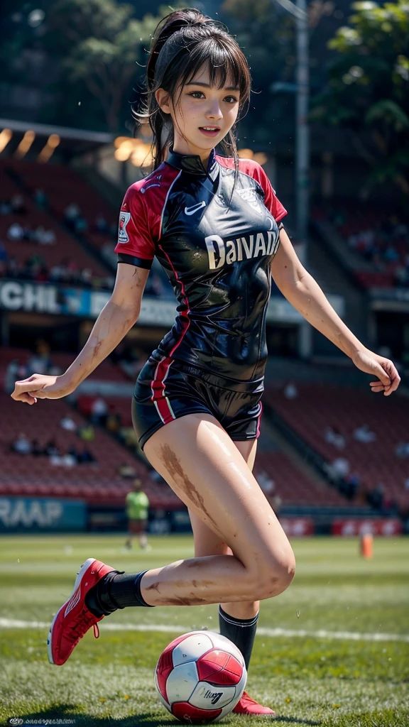Highest quality, High resolution:1.2, Very detailed, Realistic:1.3, ((Beautiful woman))、((((Super tight uniform))))、((Super big breasts))、(The abdomen is visible)、Vibrant colors, play soccer,((Blunt bangs))、Various Hair Styles、Different hair colors、With bangs、Wet Hair, concentrate, splash, Action Shots, Grass blotches, Muddy ground, Wet turf, decide, Fast-paced games, Athletic physique, Shiny soccer ball, Wet Uniform, raindrop, Blurred motion, ボールにconcentrateする, Intense competition, Skillful dribbling, Energetic play, Teamwork, powerful shoots, Wet pitch, Passionate sports, Fierce decide, Humid atmosphere, Fluid movement, emotional expression、Dramatic lighting, Women's Sports, Avid athletes, Exciting Games, Endure, Excited state, Speed and agility, Energetic play, 濡れたsplash、smile、Red Uniform