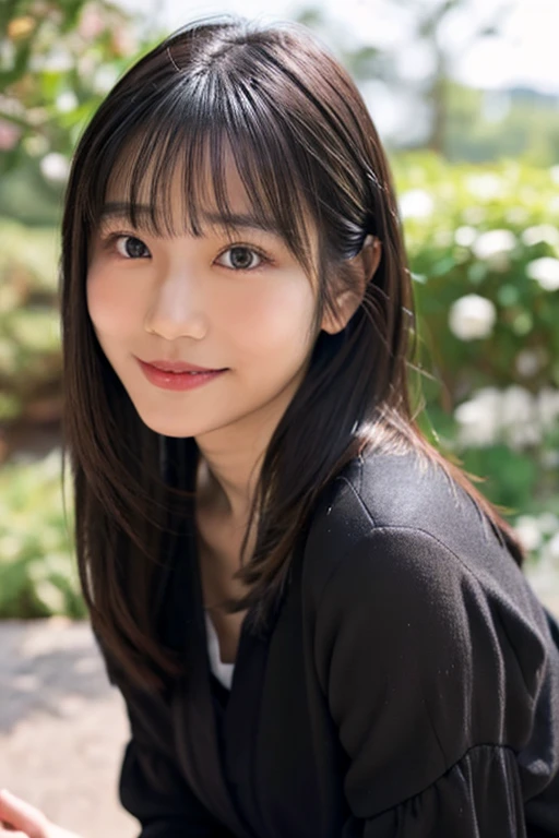 A portrait of a young Japanese woman with a soft, natural look, similar to the style of Riho Yoshioka. She has a gentle smile, straight black hair, and is wearing a simple, elegant outfit. The background is a serene, outdoor setting with soft lighting.