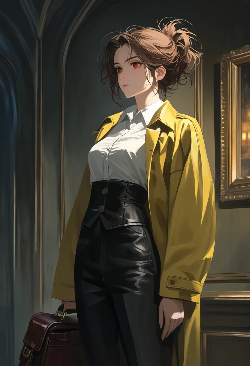 ((adult)), (woman), ((tall)), masterpiece, best quality, dark aura, brown hair, ((updo hair)), (messy hair) , ringed dark red eyes, plain white shirt, Yellow coat, black pants, carrying a big waist leather bag, (faint smile), realistic anime style, (oil painting), dark old manor background, night, impasto.