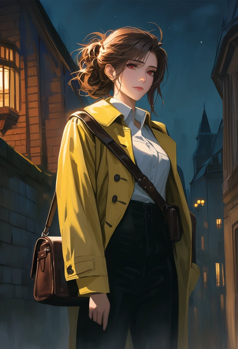 ((adult)), (woman), ((tall)), masterpiece, best quality, dark aura, brown hair, ((updo hair)), (messy hair) , ringed dark red eyes, plain white shirt, Yellow coat, black pants, carrying a big waist leather bag, (faint smile), realistic anime style, (oil painting), dark old manor background, night, impasto.