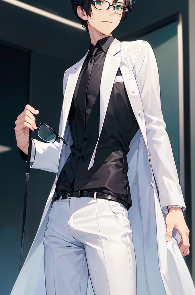 (masterpiece; best quality: 1.2), (finely detailed eyes: 1.3), ((25 year old man)), ((solo)), (green eyes: 1.4), (body; lean, lithe, masculine: 1.3), (very short black hair: 1.3), (beautiful and clear background: 1.2), ((depth of field)), (equipment: white open labcoat + black shirt + white necktie + white pants + black square glasses: 1.3), (anime illustration: 1.2), (background composition; japanese highschool classroom + furniture: 1.1), (extremely fine and handsome: 1.1), (shot composition; standing + centered on torso + close-up: 1.5), (expression; calm, smile: 1.2)