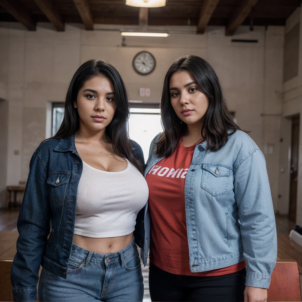 A 30-year-old Latino boy with black hair without a beard wearing a denim jacket and shirt and a 30-year-old plus-size white woman with a large bust wearing a red shirt in a large room