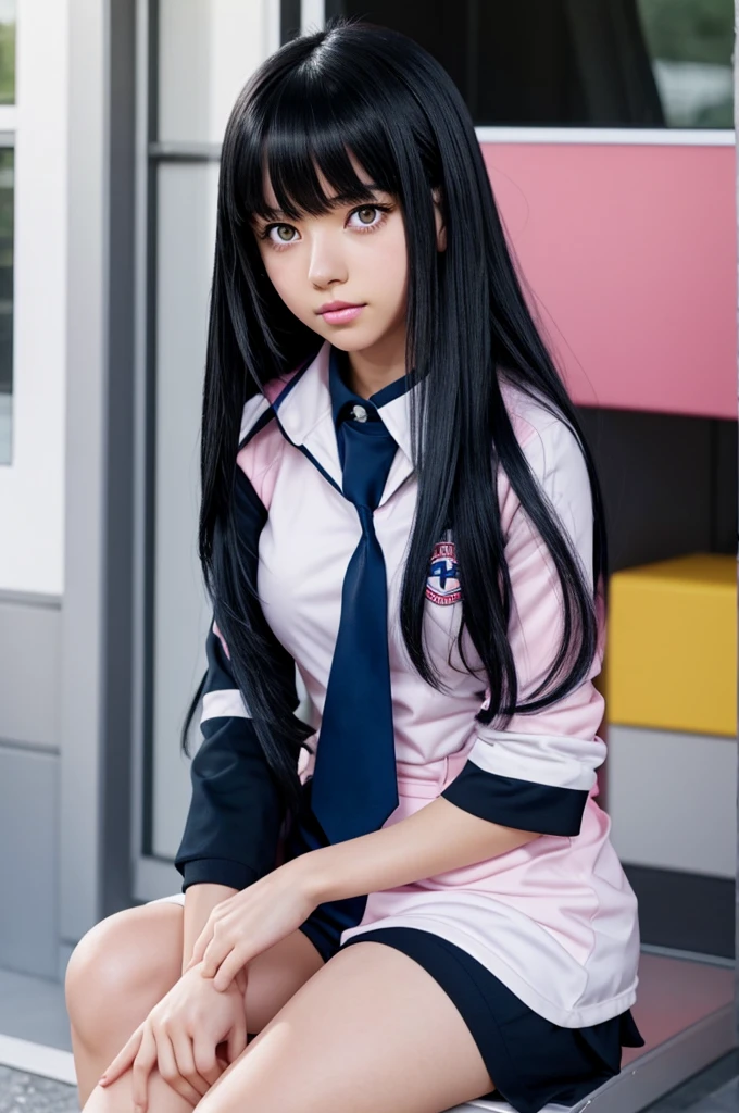 Screenshot of my hero academia anime girl with white skin, black eyes, long straight dark blue hair and bangs, black eyes, pink lips, pink cheeks, wearing the UA uniform and sitting