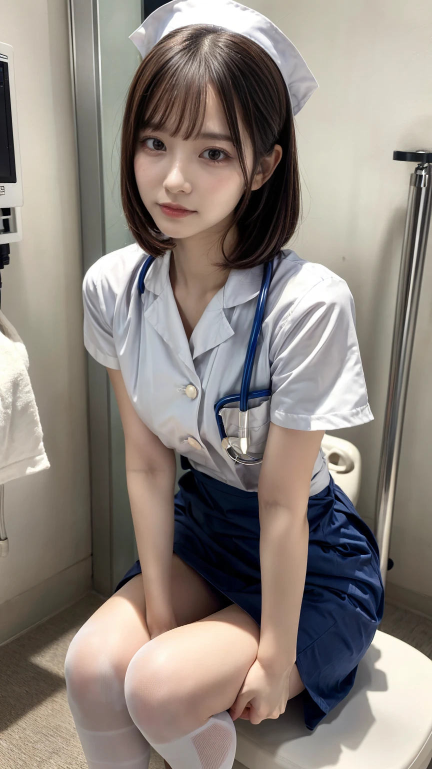 1 girl,(Wearing white nurse clothes:1.2),(RAW Photos, highest quality), (Realistic, photo-Realistic:1.4), masterpiece, Very delicate and beautiful, Very detailed, 2k wallpaper, wonderful, finely, Very detailed CG unity 8k wallpaper, Very detailed, High resolution, Soft Light, Beautiful detailed girl, Very detailed eyes and face, Beautiful and detailed nose, finely beautiful eyes, nurse, Perfect Anatomy, Black Hair, Upstyle, nurse uniform, (()), Long skirt, nurse, White costume, thin, hospital, clear, White Uniform, hospital room, Neck auscultation,Bobcut、(((Sit with your knees apart:1.3)))