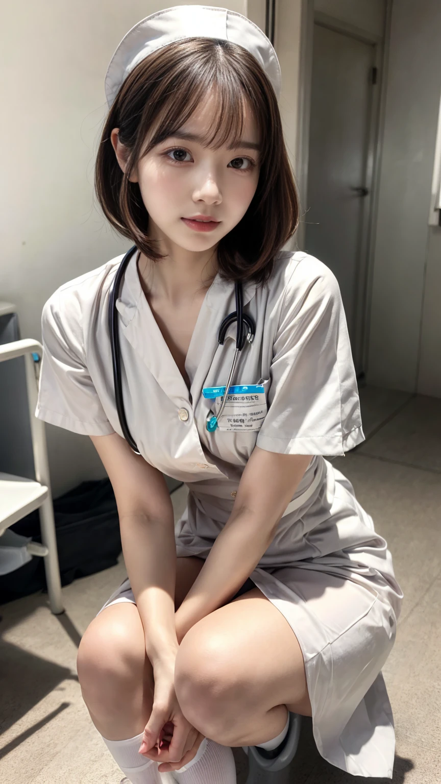 1 girl,(Wearing white nurse clothes:1.2),(RAW Photos, highest quality), (Realistic, photo-Realistic:1.4), masterpiece, Very delicate and beautiful, Very detailed, 2k wallpaper, wonderful, finely, Very detailed CG unity 8k wallpaper, Very detailed, High resolution, Soft Light, Beautiful detailed girl, Very detailed eyes and face, Beautiful and detailed nose, finely beautiful eyes, nurse, Perfect Anatomy, Black Hair, Upstyle, nurse uniform, (()), Long skirt, nurse, White costume, thin, hospital, clear, White Uniform, hospital room, Neck auscultation,Bobcut、(((Sit with your knees apart:1.3)))