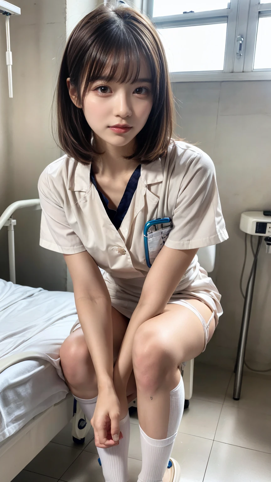1 girl,(Wearing white nurse clothes:1.2),(RAW Photos, highest quality), (Realistic, photo-Realistic:1.4), masterpiece, Very delicate and beautiful, Very detailed, 2k wallpaper, wonderful, finely, Very detailed CG unity 8k wallpaper, Very detailed, High resolution, Soft Light, Beautiful detailed girl, Very detailed eyes and face, Beautiful and detailed nose, finely beautiful eyes, nurse, Perfect Anatomy, Black Hair, Upstyle, nurse uniform, (()), Long skirt, nurse, White costume, thin, hospital, clear, White Uniform, hospital room, Neck auscultation,Bobcut、(((Sit with your knees apart:1.3)))