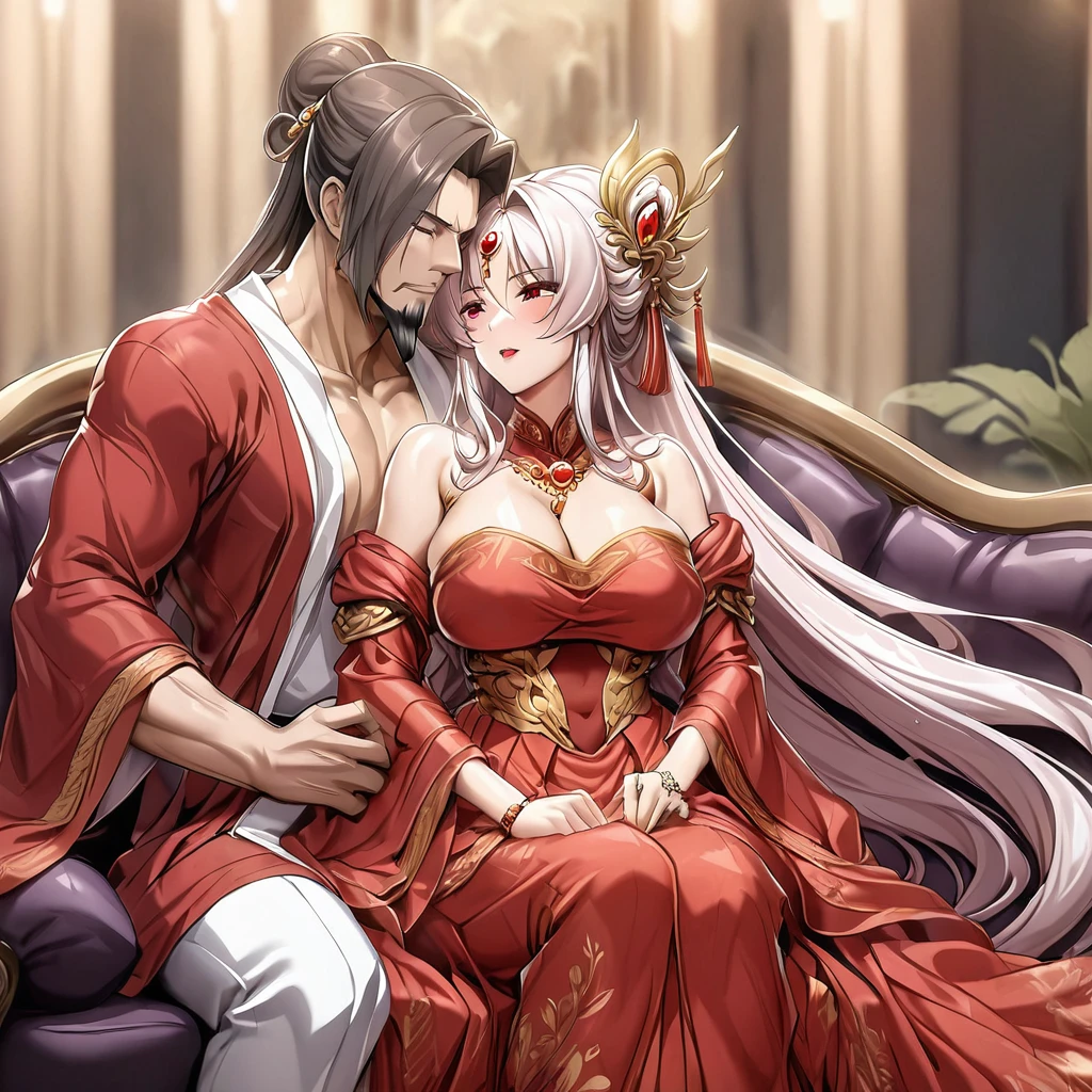 ((Highest quality)), ((masterpiece)), (detailed), (Perfect Face)、The woman is a Chinese beauty, wearing a gorgeous, glittering red Hanfu with lots of gold embroidery, a gorgeous hair ornament, gorgeous jeweled accessories and an engagement ring. The man and woman are sitting on a gorgeous, large sofa in a gorgeous room, and the woman is passionately embracing and passionately kissing the middle-aged Chinese man wearing a dignified and sturdy Hanfu, making passionate love as husband and wife.、The woman is an elegant Chinese beauty with blue, medium-long hair and a red Hanfu with gorgeous gold embroidery all over it.、The man is a dignified, muscular, bearded, middle-aged Chinese man wearing the traditional Chinese dress, Hanfu.
