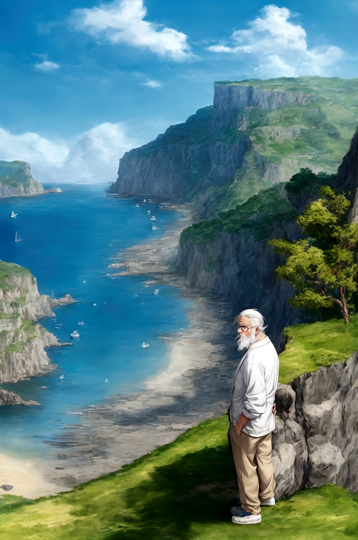 Create a high-quality anime-style image featuring an elderly man standing on a rocky cliff by the sea. The man has white hair, a beard, and is wearing round glasses. He is dressed in a white shirt, beige pants rolled up at the ankles, and white sneakers. His posture is relaxed, with his hands in his pockets, gazing thoughtfully into the distance.
The background consists of a clear blue sky filled with fluffy, white clouds. Below the cliff, there is a calm sea with boats and a small coastal village nestled at the foot of green, mountainous terrain. The scene captures a peaceful, reflective moment, with vibrant colors and detailed shading to emphasize the tranquil and contemplative atmosphere.