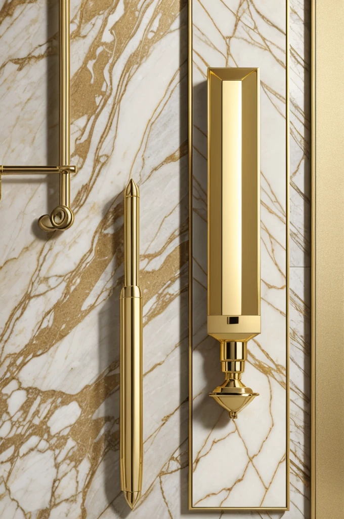 The word CELESTE in gold with a beige and cream marble background with a scale on one side