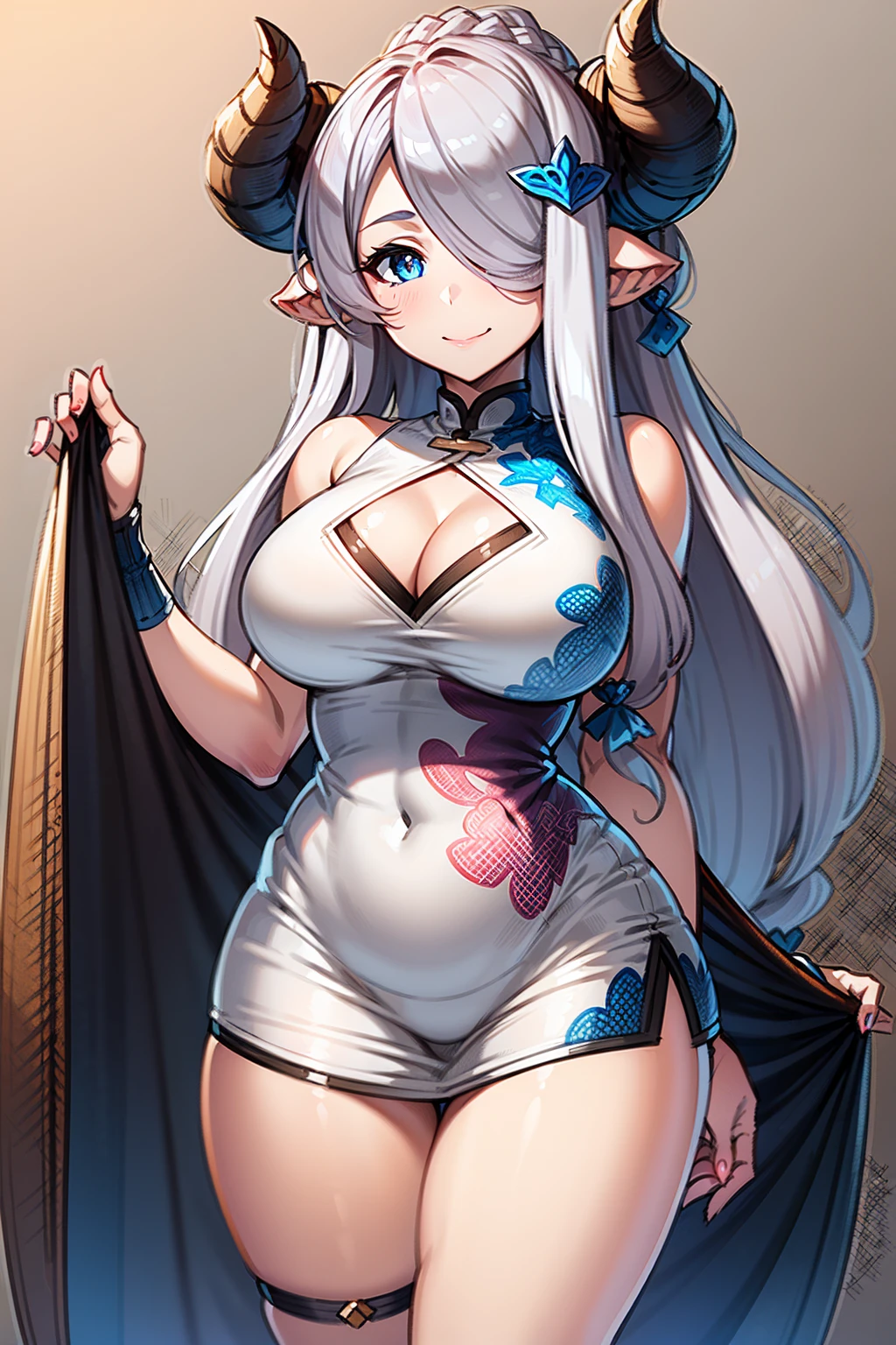 (((1 woman))), ((detailed blue eyes)), ((long silver hair)), large breasts, perfectly drawn body, narmaya, seductive smile, miniskirt, best quality, masterpiece, ultra-detailed