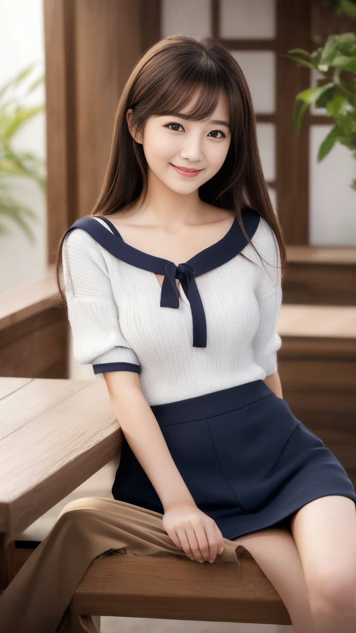 (The best masterpiece:1.3), (8k, Photorealistic, RAW Photos, Best image quality: 1.4), Japanese Girls、、(Random hairstyle:1.2)、(Cleavage:1.2)、Super detailed face、Eye on the details、double eyelid、Chest to chest、Sharp focus:1.2、(Cute Woman:1.4)、Light brown hair、highest quality、masterpiece、Ultra-high resolution、(Photorealistic:1.4)、Highly detailed and professionally lit smiles、Loose, lightweight knitwear、thin、smile、Long Hair、Upper body portrait、Chest protrusion
