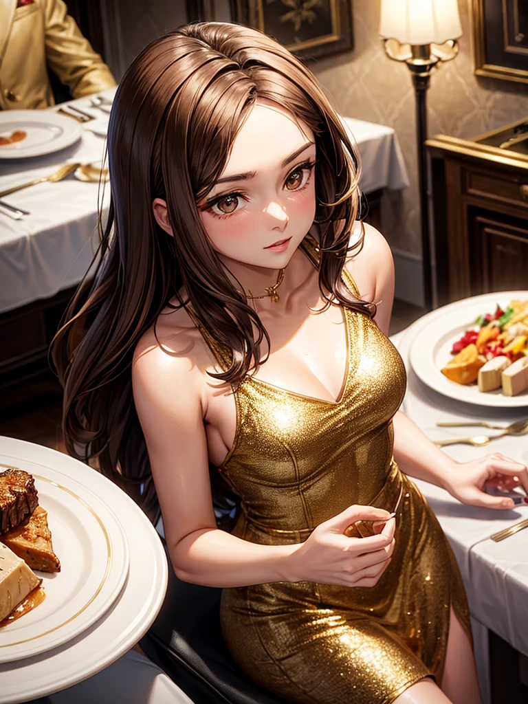 an adult woman, hip length brown hair, Brown eyes, in an expensive dinner setting, short gold dress with diamonds