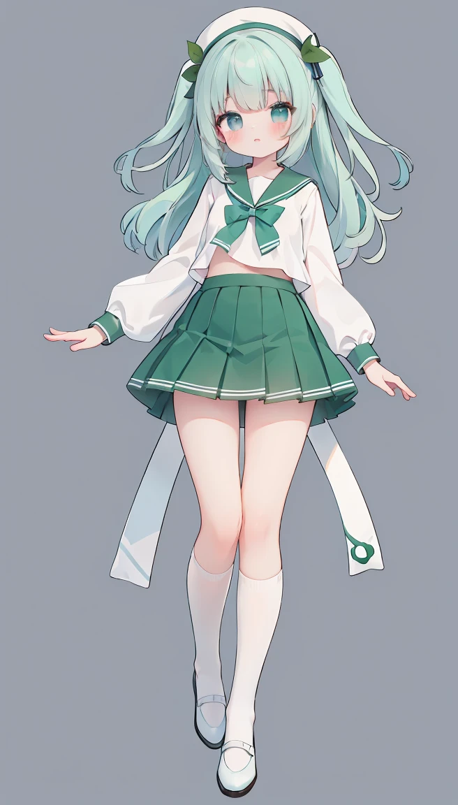 masterpiece, best quality, high resolution, white simple background, standing, slim waist, cute, sailor uniform, green skirt, knee high long socks, (Pastel Colors: 1.3), full body