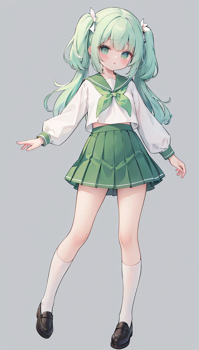 masterpiece, best quality, high resolution, white simple background, standing, slim waist, cute, sailor uniform, green skirt, knee high long socks, (Pastel Colors: 1.3), full body