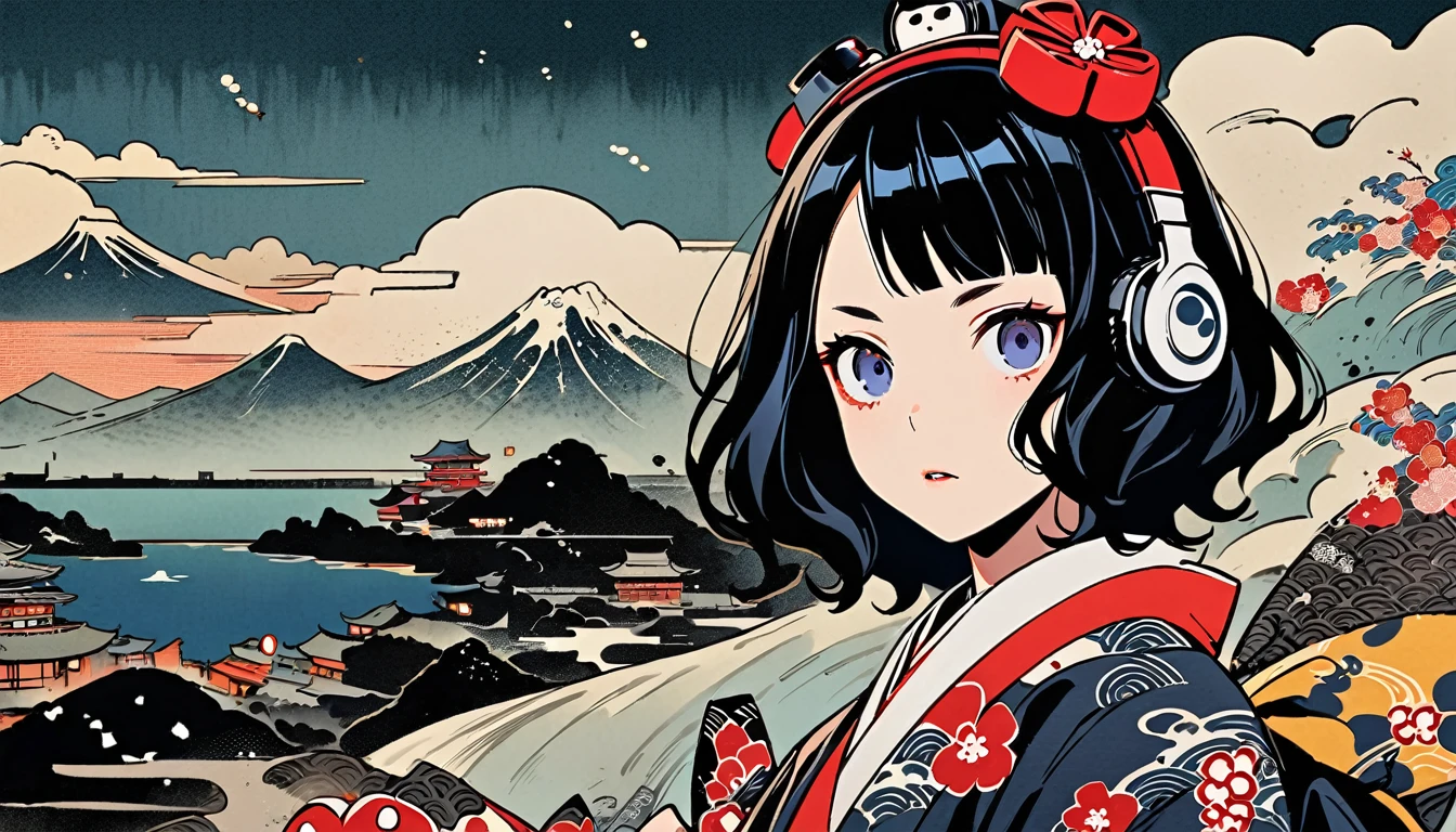 Highest quality, Katsushika Hokusai, Ink Painting, (((1 girl))), (((Horror elements))), Japanese style headphones, beautiful girl, Black Hair, Delicate and precise, Modern ukiyo-e style, Cyberpunk City
