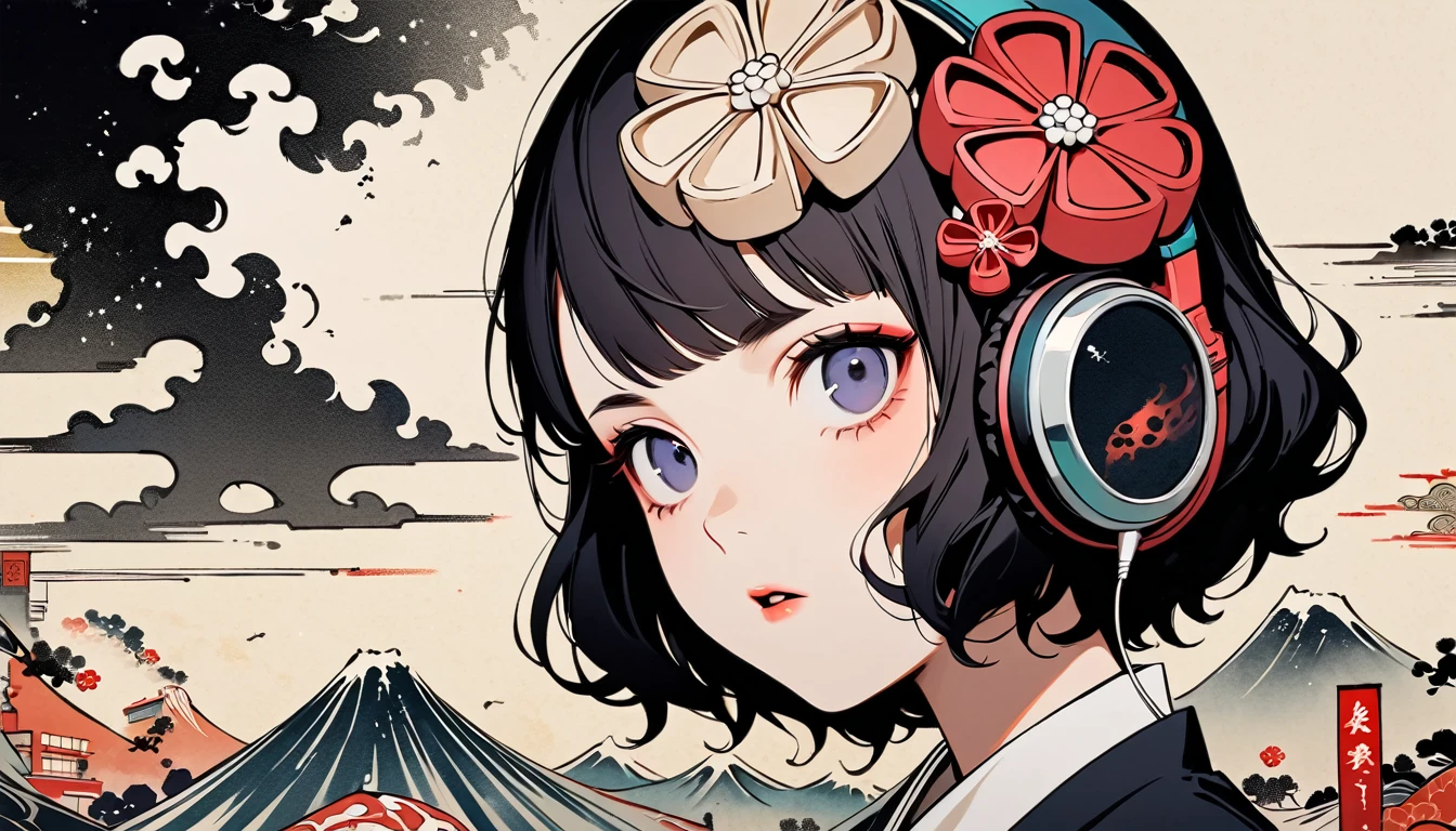 Highest quality, Katsushika Hokusai, Ink Painting, (((1 girl))), (((Horror elements))), Japanese style headphones, beautiful girl, Black Hair, Delicate and precise, Modern ukiyo-e style, Cyberpunk City