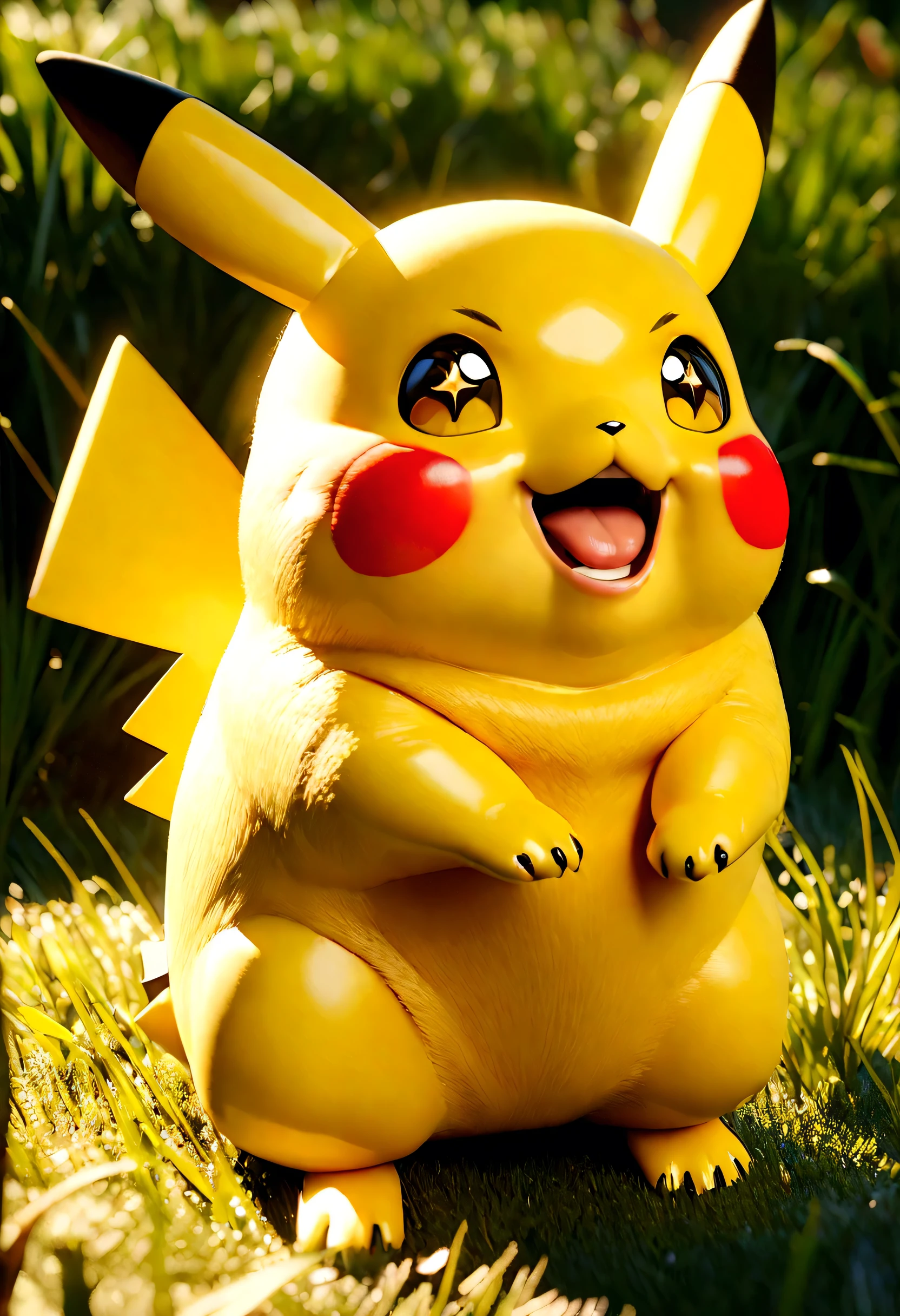 a cute Pikachu, photorealistic, 3D render, extremely detailed, ultra detailed, intricate details, high quality, 8K, lifelike, hyper realistic, vibrant colors, dynamic lighting, soft shadows, natural textures, adorable expression, chubby cheeks, rosy red cheeks, sparkling eyes, perky ears, fluffy fur, sitting pose, playful, on a grassy field, lush green grass, flowers, natural environment, outdoors