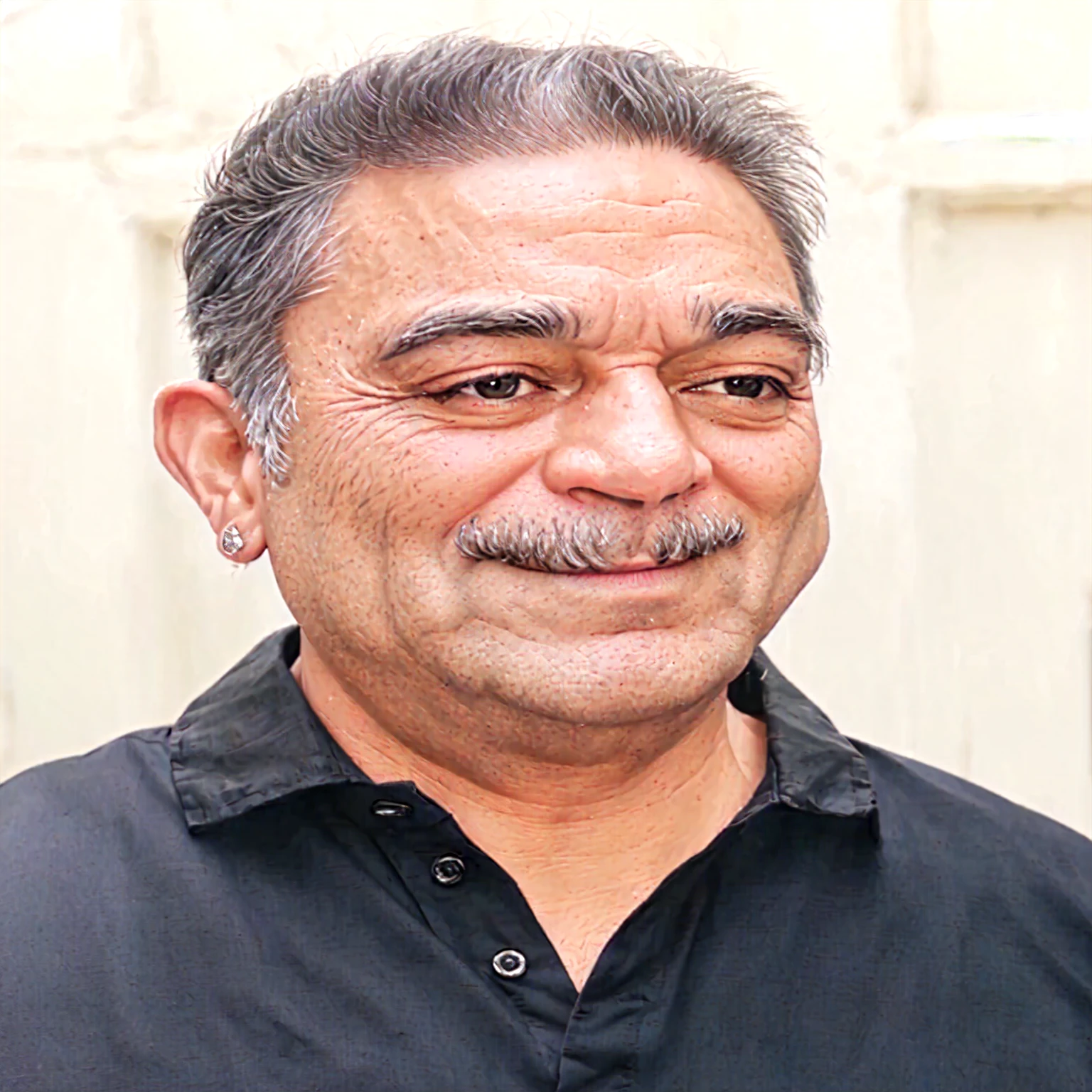 Generate a portrait image of an older man resembling the provided reference image. He should be clean-shaven and bald, with a front view. The man should have wrinkled skin and a wise, intense expression. Attach a diamond with a visible crack to the center of his forehead. The character should be dressed in traditional yet rugged attire suitable for a historical or epic movie setting, inspired by the character "Kalki" in a Tamil film. The background should be minimal and subtle, emphasizing the character's face and the cracked diamond on his forehead.