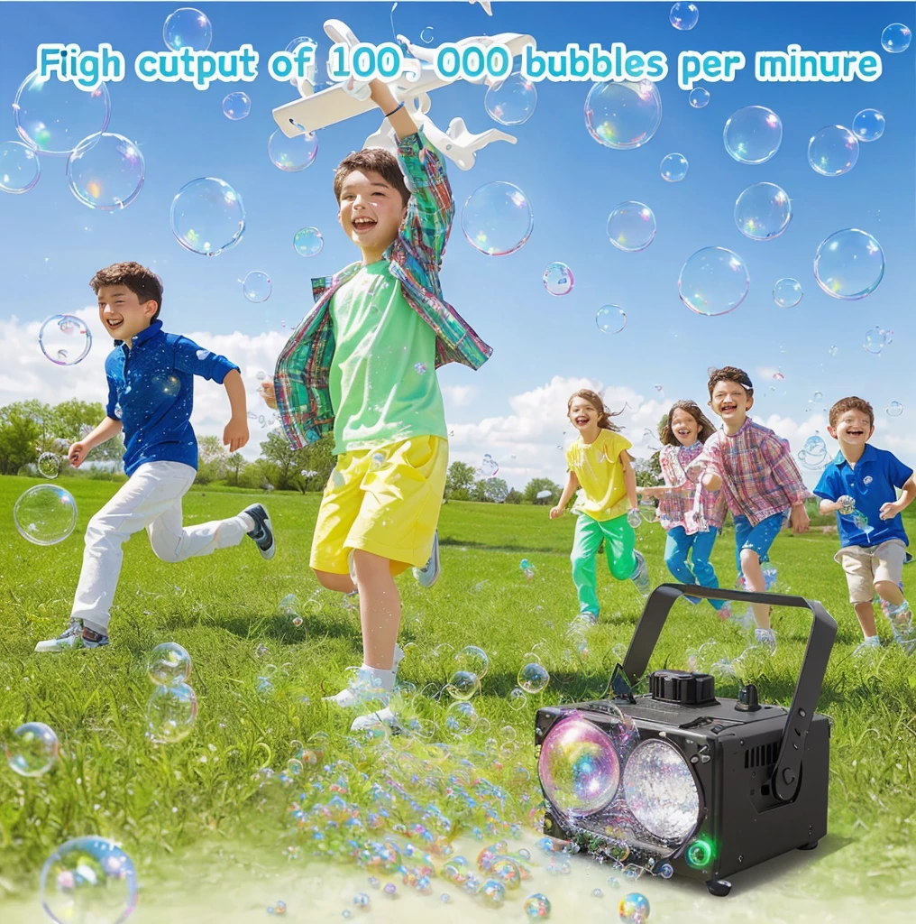 Picture of a group of children playing with bubbles, Detailed features, Super bright super pop music, mini, children, magic bubble barrier, strobe and laser lamp, Lots of bubbles, LED Effects, High resolution details, Acrylic Fiber, lamp, Shiny and happy atmosphere, Rendering, very detailed and high quality, ledlamp光效果, There is foam everywhere