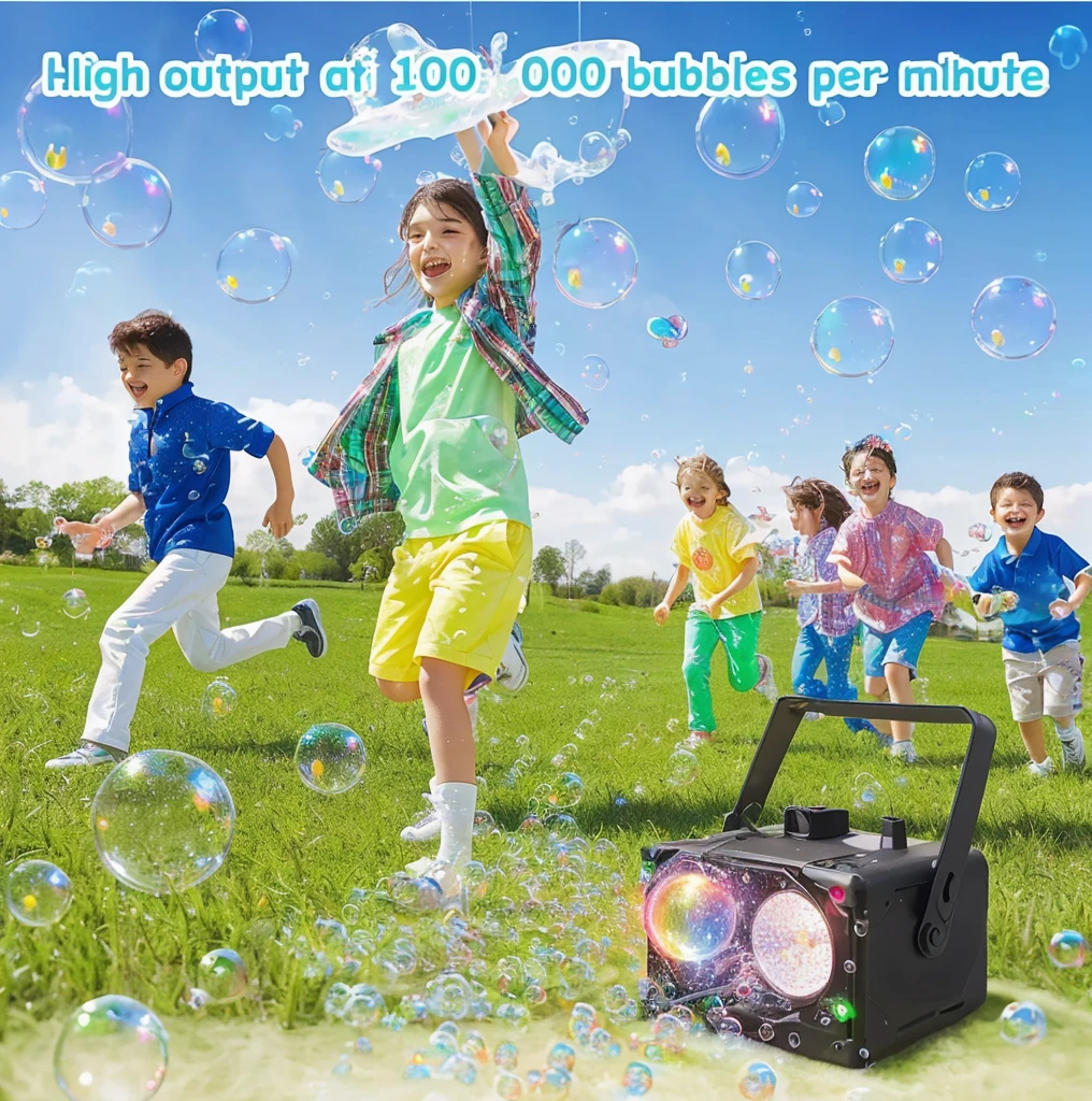 Picture of a group of children playing with bubbles, Detailed features, Super bright super pop music, mini, children, magic bubble barrier, strobe and laser lamp, Lots of bubbles, LED Effects, High resolution details, Acrylic Fiber,  lamp, Shiny and happy atmosphere, Rendering, very detailed and high quality, ledlamp光效果, There is foam everywhere