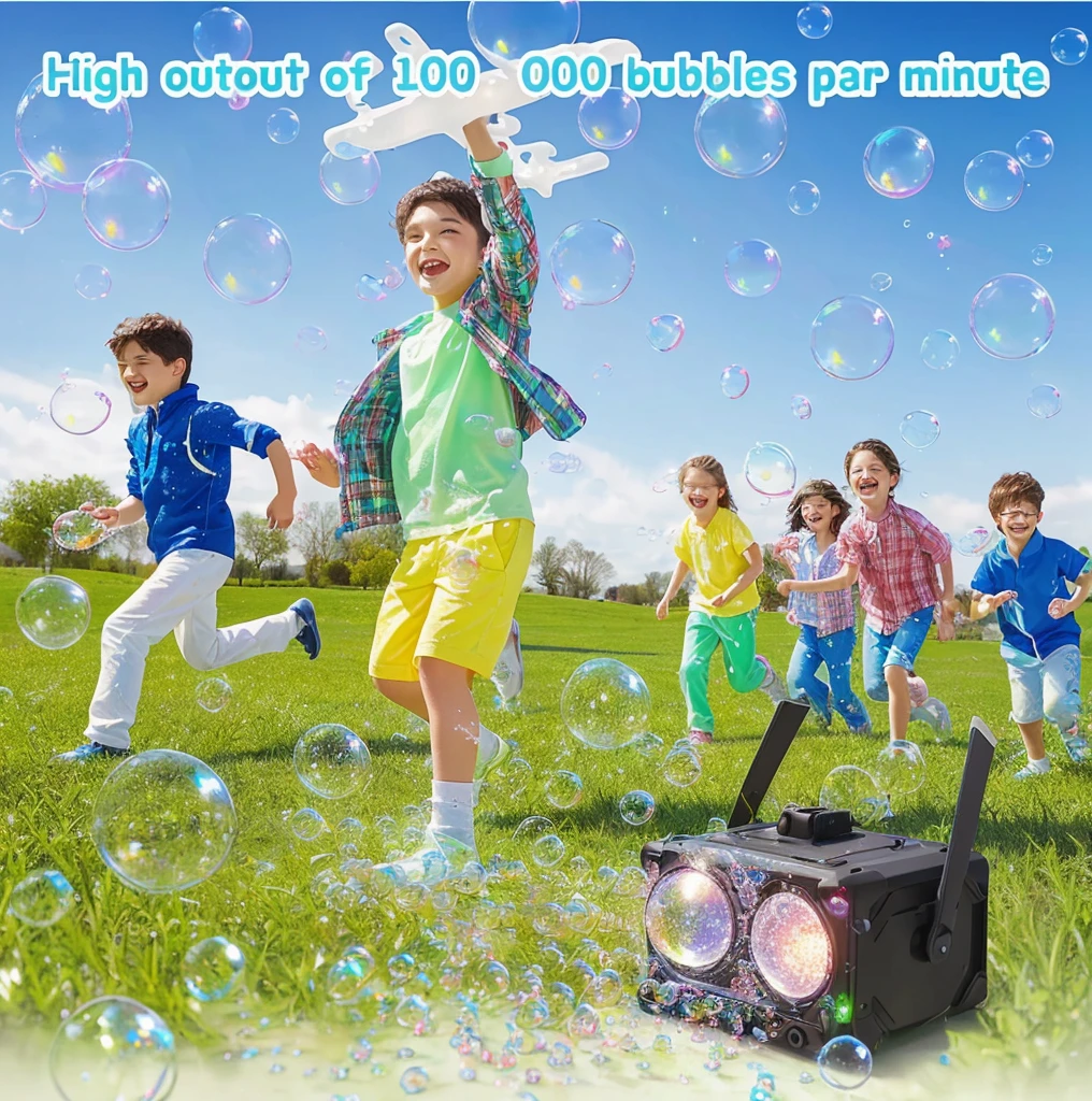 Picture of a group of children playing with bubbles, Detailed features, Super bright super pop music, mini, children, magic bubble barrier, strobe and laser lamp, Lots of bubbles, LED Effects, High resolution details, Acrylic Fiber,  lamp, Shiny and happy atmosphere, Rendering, very detailed and high quality, ledlamp光效果, There is foam everywhere