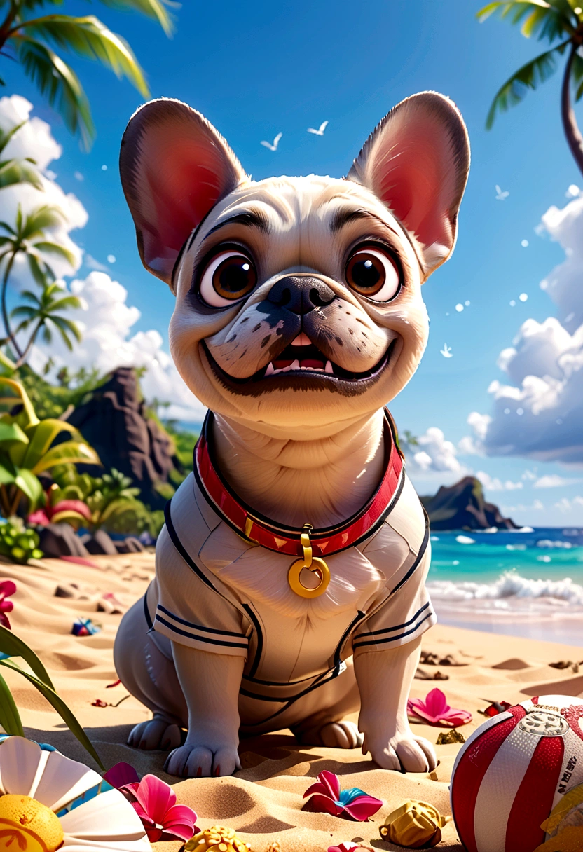 (Highest quality,4K,8K,High resolution,)Private beach in Hawaii at noon、Infinity symbol,3D Model,Colorful colors,Hawaii private beach background、pop,From the central viewer'perspective、French Bulldog iid summer style,Tennis uniform,Fashion Style,To the beach、face、Under the chin、Stomach、head、feet、ear、all、Light grey skinned French bulldog,Very delicate