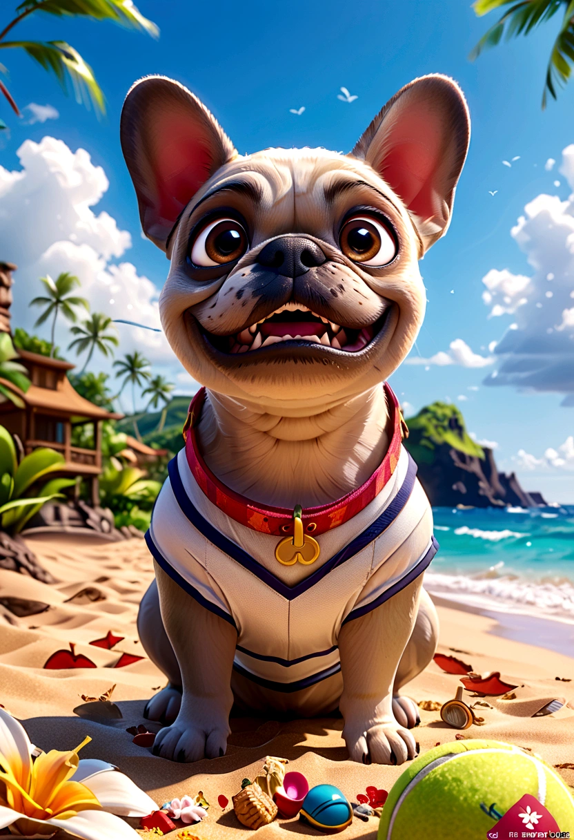(Highest quality,4K,8K,High resolution,)Private beach in Hawaii at noon、Infinity symbol,3D Model,Colorful colors,Hawaii private beach background、pop,From the central viewer'perspective、French Bulldog iid summer style,Tennis uniform,Fashion Style,To the beach、face、Under the chin、Stomach、head、feet、ear、all、Light grey skinned French bulldog,Very delicate