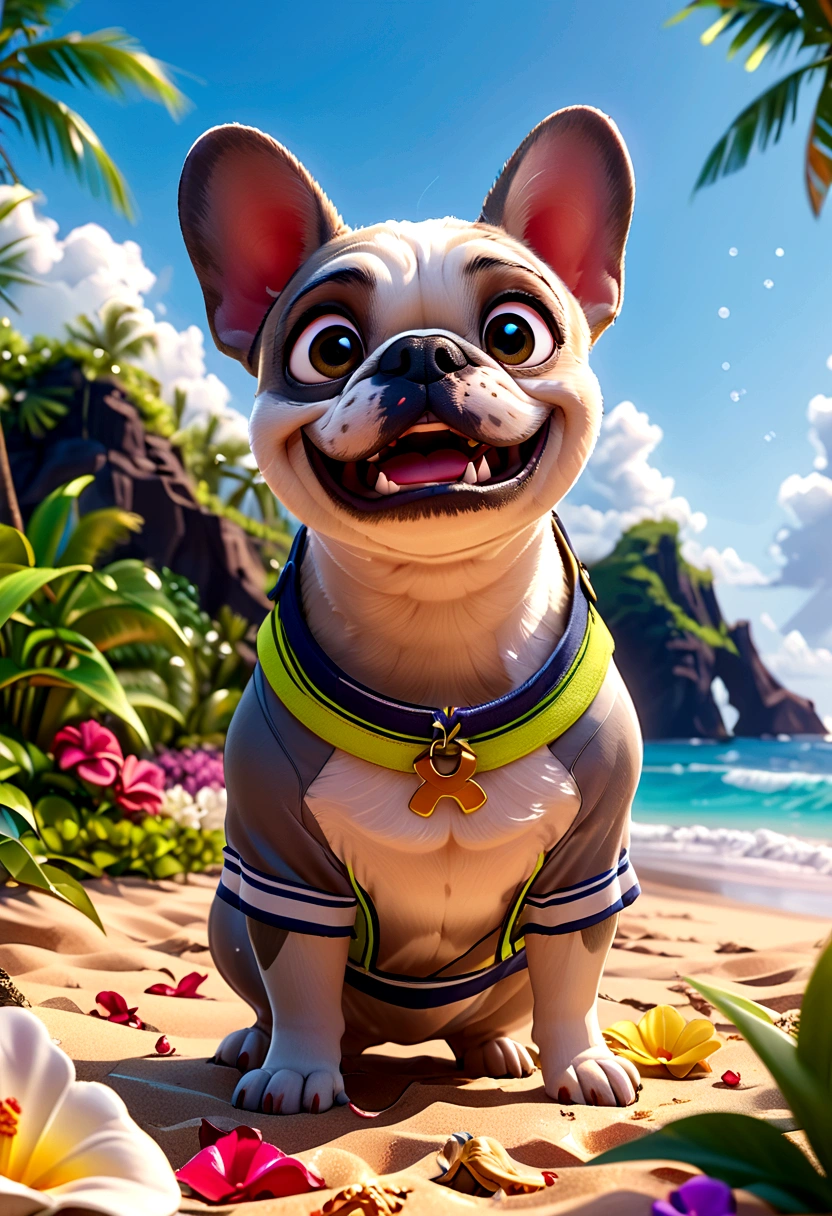 （Highest quality，4K，8K，High resolution，）Private beach in Hawaii at noon、Infinity symbol，3D Model，Colorful colors，Hawaii private beach background、pop，From the central viewer&#39;perspective、French Bulldog iid summer style，Tennis uniform，Fashion Style，To the beach、face、Under the chin、Stomach、head、feet、ear、all、Light grey skinned French bulldog，Very delicate
