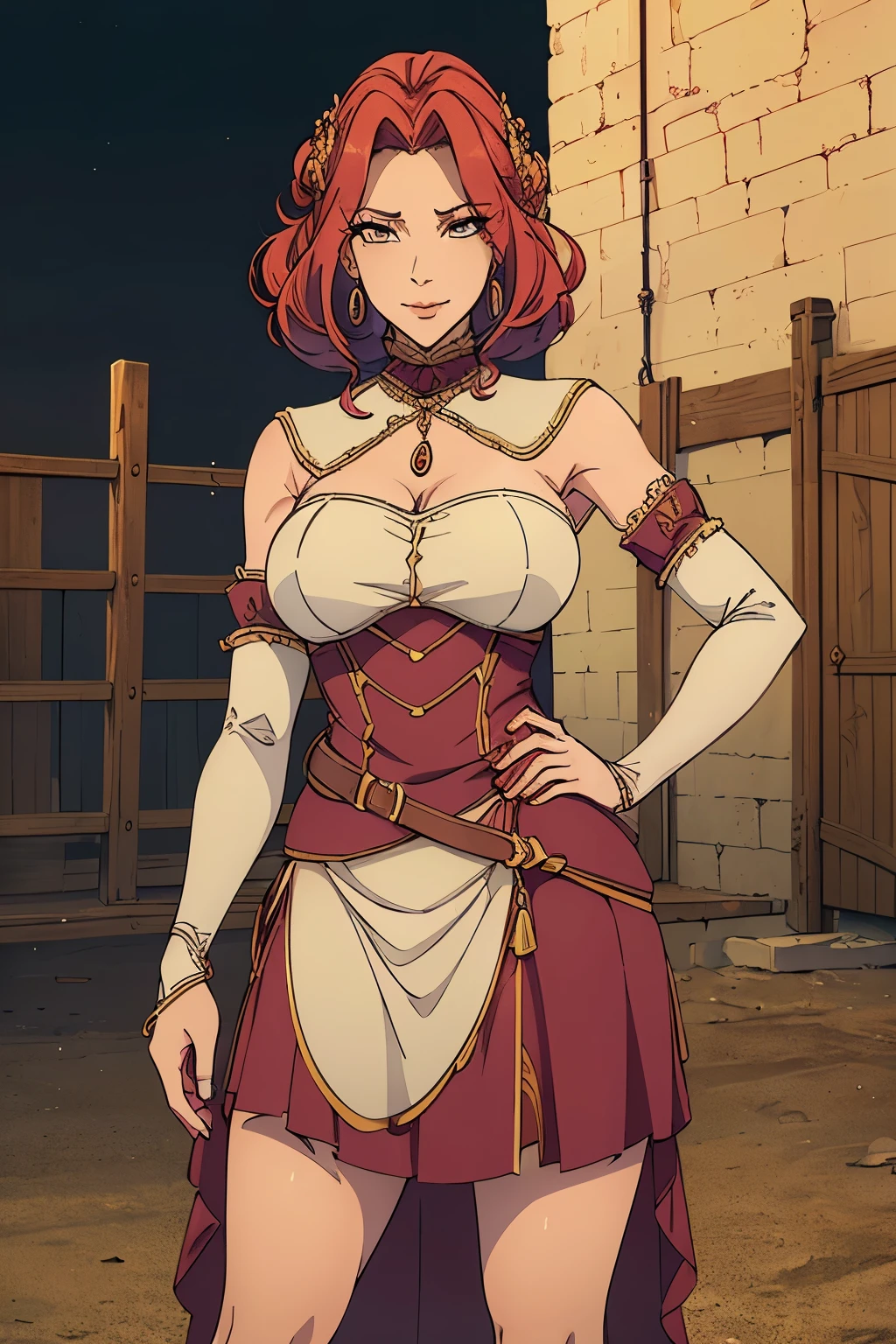 Best quality, 4k, high resolution, body stuck dress, perfect smile, gorgeous, light skin, ahegao face(hentai face) ,red hair, wearing bodystuck long dress,(long sheeves), clothes are stuck in body, bodyfit outfit,1 girl, solo, seductive look, elegance and charm, (masterpiece, best quality, high resolution), looking at the viewer, standing, (intricate and beautiful:1.2), (detailed light:1.2), (soft light, side light), (high resolution textures) , holding leash in hand(chain leash), outdoor, Burmese girl,wearing bodcorn dress(white colour) with pink line ,wearing gorgeous jewelary, wearing harness over the outfit ,outdoor background, sun light, attractive, sexy, mature and hot, young,(masterpiece:1.3), (disorganized:1.3), (highest quality:1.3), perfect anatomy, detailed face, front view, perfect right hands, looking at viewer, (Super detailed:1.3), (best shadow:0.7), (treated hair), fine eyes, beautiful eyes, young aged woman, alone, standing, crystal earrings,closed_mouth, , outdoors,Thick thighs, arrogant face, small 