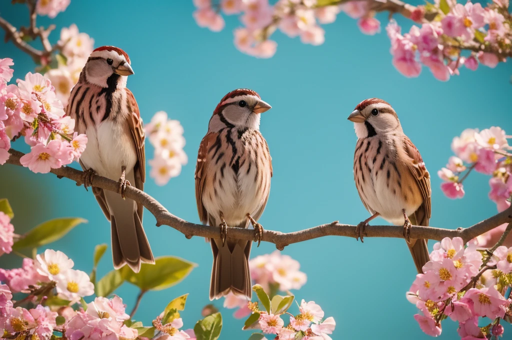 Two colorful sparrows perched on branch with leaves and flowers, colorful HD image, colorful 8 k, colorful sparrow, beautiful and colorful, beautiful colorful, long colorful two sparrows, colorful feathers, colorful 4K, beautiful vibrant colors, highly detailed digital art in 4K, surreal two sparrows, beautiful art UHD 4 K, beautiful colors in