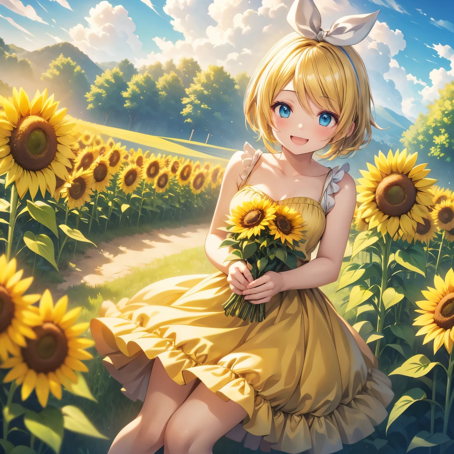 kagamine  rin、Have a bouquet of sunflowers、Laughing happily、Surrounded by flowers