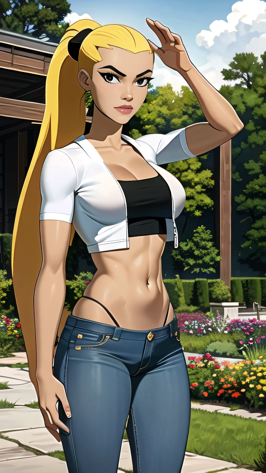 (cowboy shot), (masterpiece, best_quality, ultra-detailed, immaculate:1.3), epic, illustration,
BREAK
ArtemisYJ, ponytail,super long hair,
(Crop plan White t-shirt ),jeans,jacket ,medium breast,cleavage
BREAK
(courtyard, garden, outdoors, gorgeous view)