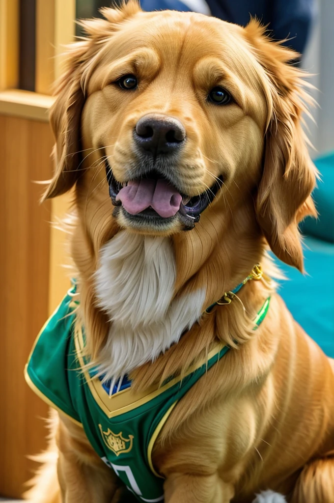 Impersonate an animated Golden Retriver wearing the Brazilian national team shirt at the Copa América 2024.
.
With a sociable and fun expression. shiny golden fur. Lively and curious look