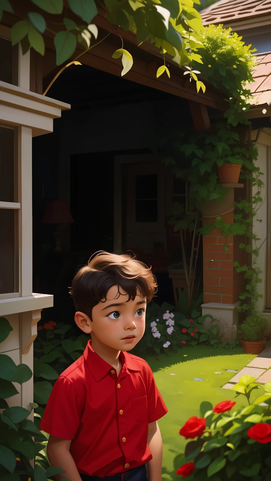 A realistic picture of a -year-boy, wears a red chemise . His face is childish and exploratory . He goes out cautiously into the garden of the house and finds a small cat among the bushes and touches it cautiously ,Without facing the camera, 