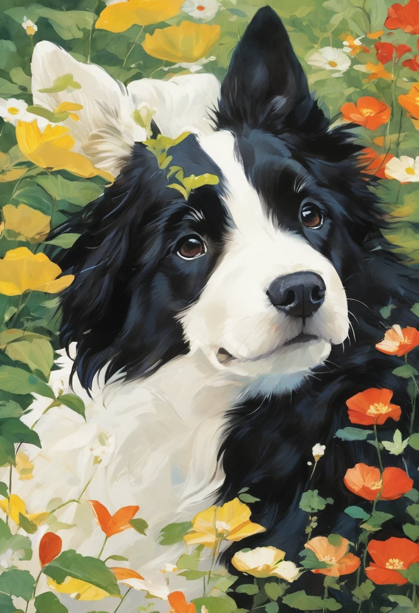 (Highest quality:0.8), (Highest quality:0.8), Perfect illustration,A white dog and a black dog、I'm in the middle of a beautiful field watching the morning sunrise.。