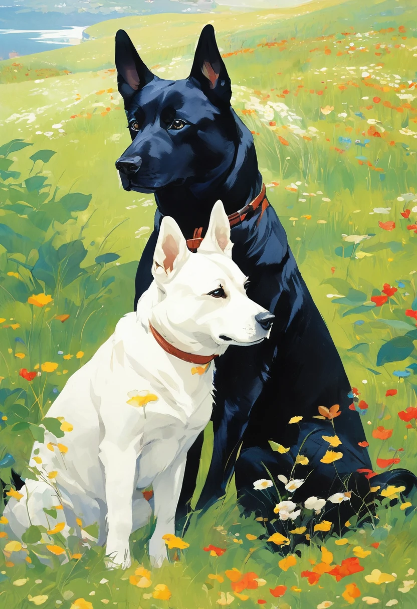 (Highest quality:0.8), (Highest quality:0.8), Perfect illustration,A white dog and a black dog、I&#39;m in the middle of a beautiful field watching the morning sunrise.。
