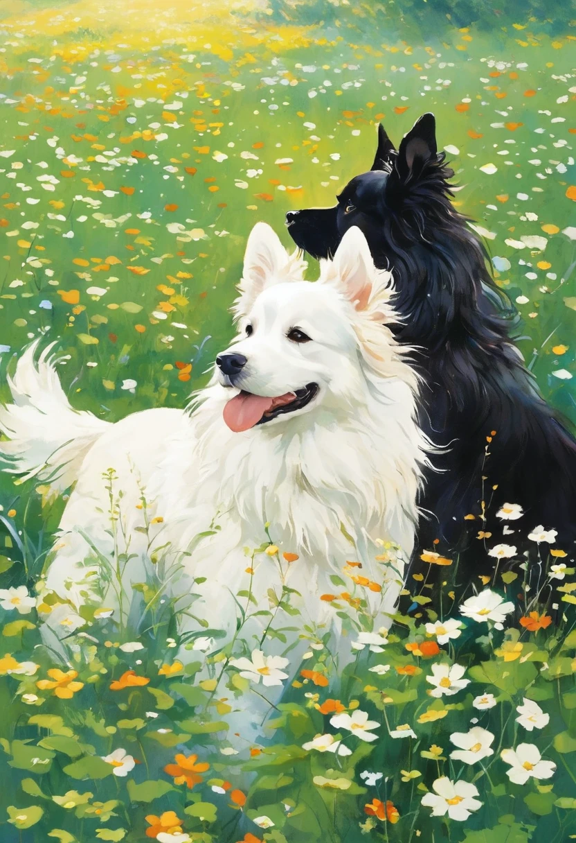 (Highest quality:0.8), (Highest quality:0.8), Perfect illustration,A white dog and a black dog、I&#39;m in the middle of a beautiful field watching the morning sunrise.。