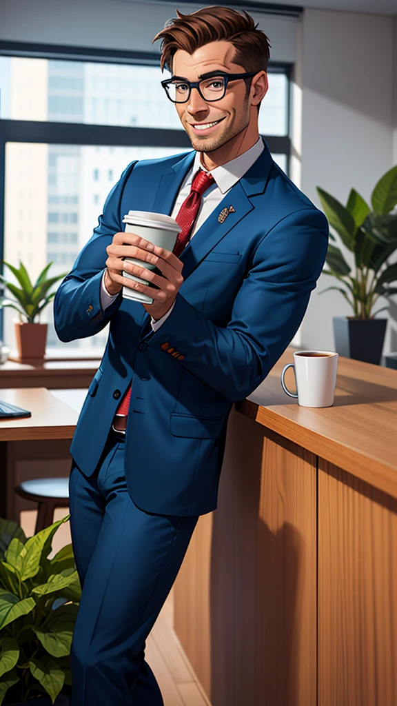 Generate a digital caricature of a man with short brown hair, wearing glasses and a blue suit. He must be smiling and holding a cup of coffee. The background should be a modern office with large windows and plants around.
