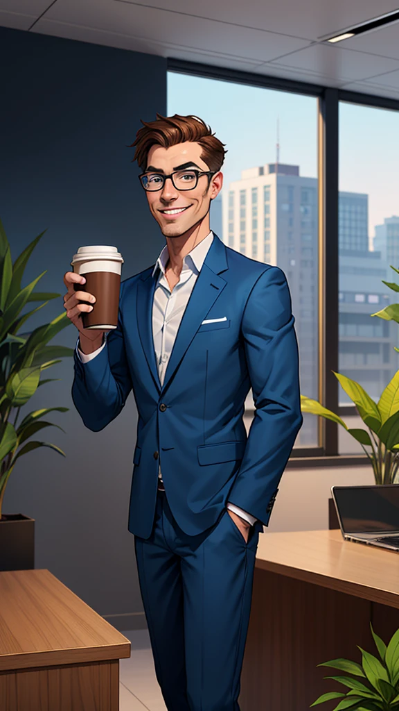 Generate a digital caricature of a man with short brown hair, wearing glasses and a blue suit. He must be smiling and holding a cup of coffee. The background should be a modern office with large windows and plants around.