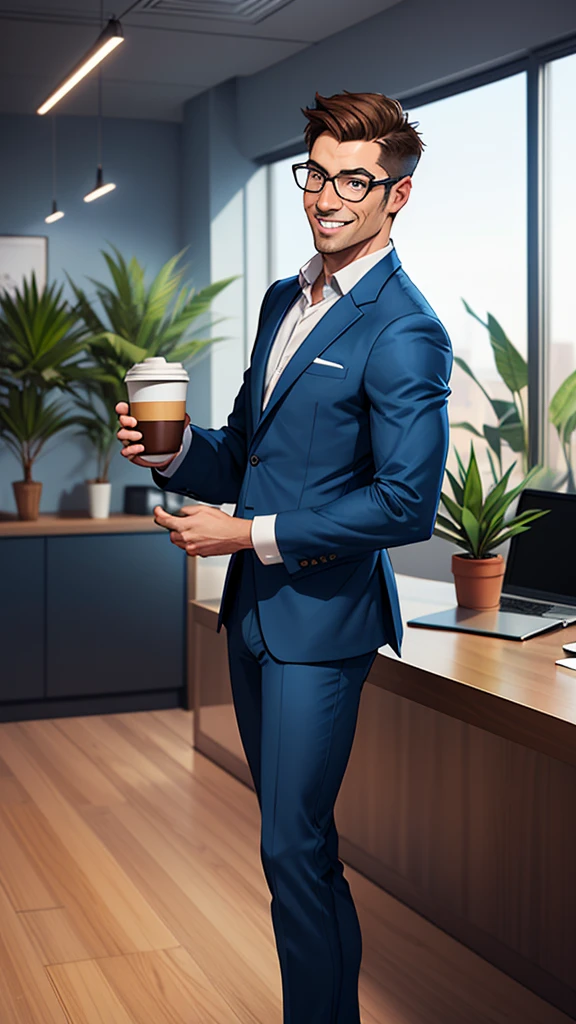 Generate a digital caricature of a man with short brown hair, wearing glasses and a blue suit. He must be smiling and holding a cup of coffee. The background should be a modern office with large windows and plants around.