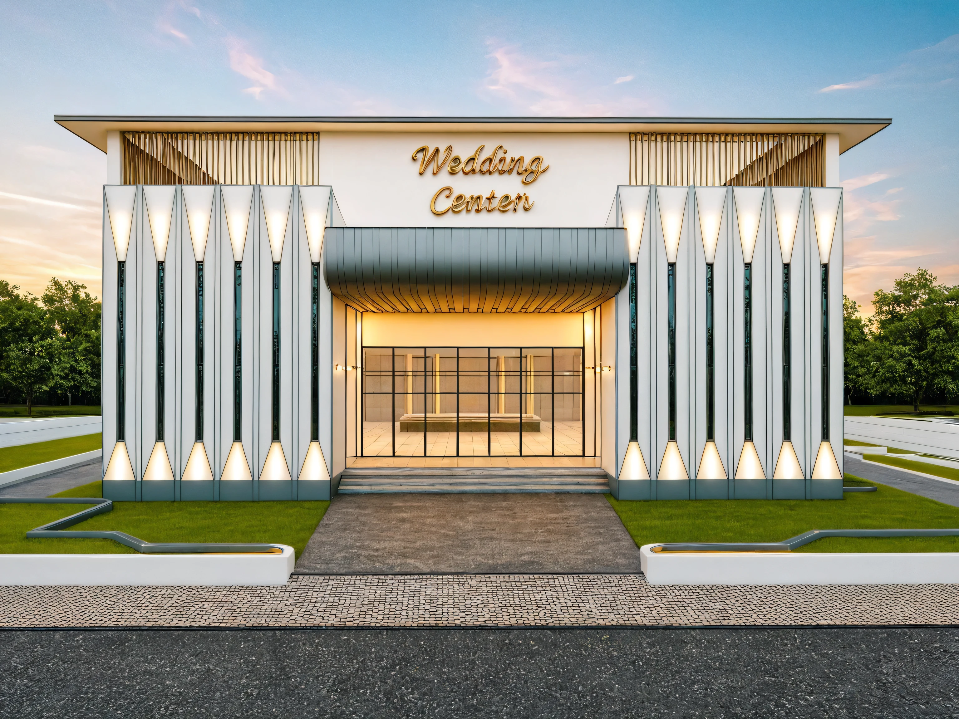 Masterpiece, high quality, best quality, authentic, super detail, outdoors, house style neoclassic,  wedding center, white wall, glass windows, gate road, pavement, grass, trees, blue sky, sunset, cloud, (day:1.1), realistic lighting