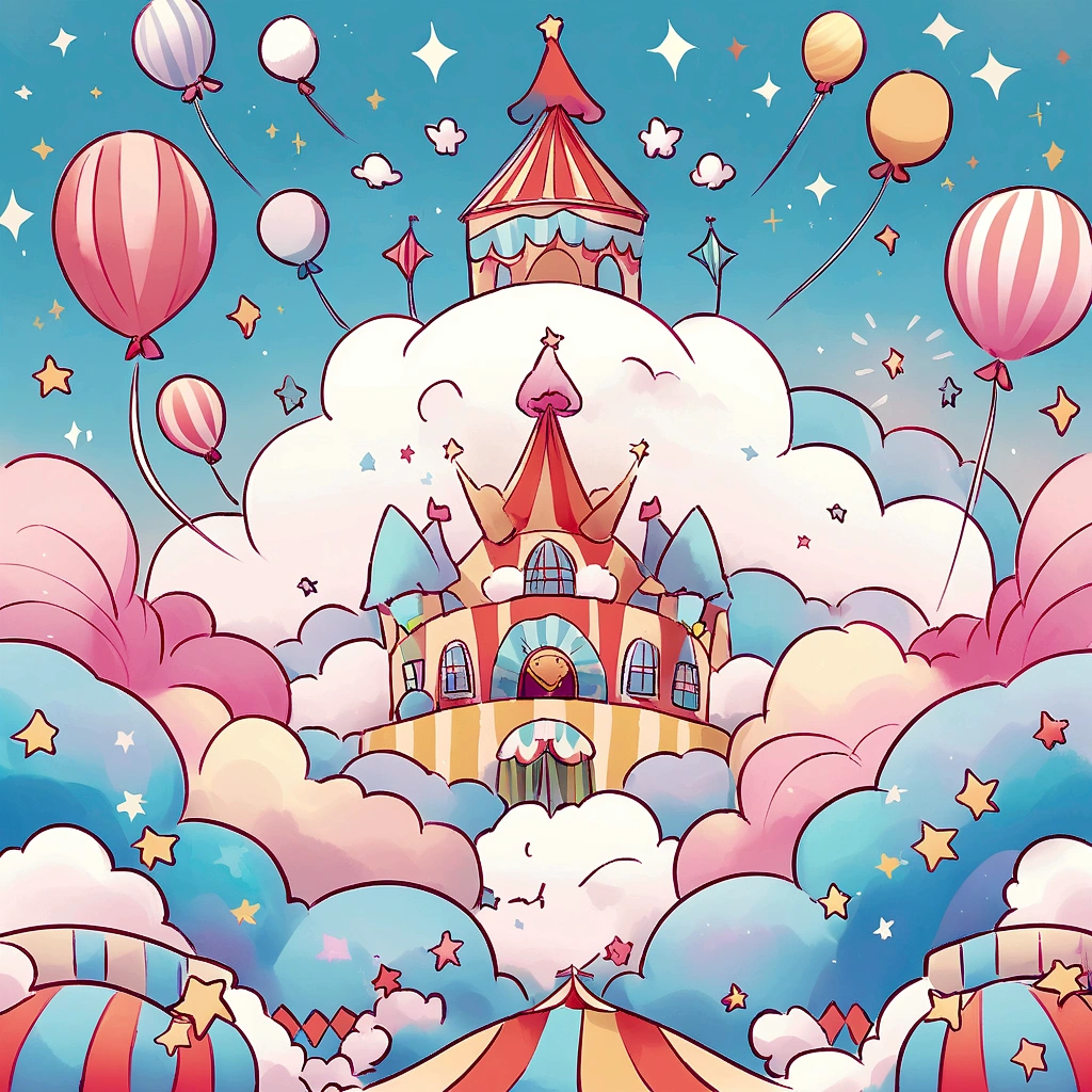 there is a picture of a carnival, ethereal and dreamy theme, dreamy and detailed, adorable and whimsical, whimsical and cute, witchlight carnival, welcome to the circus, circus background, very magical and dreamy, dreamy illustration, illustrated in whimsical style, in the white clouds fairyland, instagram story, illustartion, airy midnight theme, circus, air baloon, desaturate color
