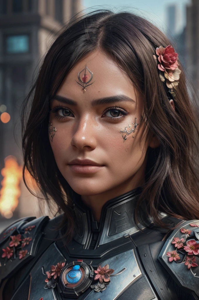 a photo of a iron woman with flowers on her face and the, 3d 8k hd trending on art station, 8 k highly detailed ❤🔥 🔥 💀 🤖 🚀, 8k artgerm bokeh, 8k highly detailed ❤️‍🔥 🔥 💀 🤖 🚀, incredibly detailed face, insanely detailed face, featured face details, extremely detailed woman, face with artgram, detailed and creepy, fantastic details full faces, detailed unblurred face, intricate facial skin details, art on instagram, 8 k ultra realistic creature, 8k highly detailed face, 3d realism, incredibly detailed faces, ig model | artgerm, 4 k human detailed!!!