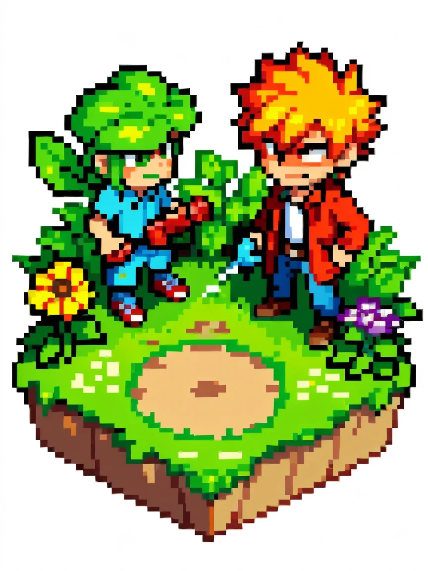(masterpiece), (best quality), (detailed), Line Art, sketch, crazy dave from the game plants vs Zombies, crazy dave is watering his plants on his garden, Zombies are walking towards the garden, Zombies, Sunlight, Sunlight, daytime, landscape, A top-down view, garden, Warm colors, Pixel Art,